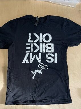 Gildan Black Short-Sleeve Tee with White 'IS MY BIKE OK' Graphic. Men small